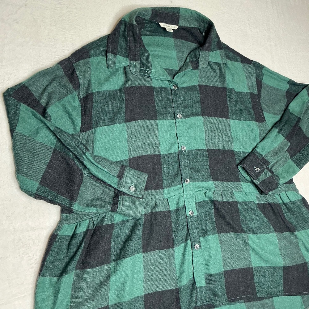 American Eagle Plaid Flannel Babydoll Shirt Green Black Long Sleeve Women's Sz L